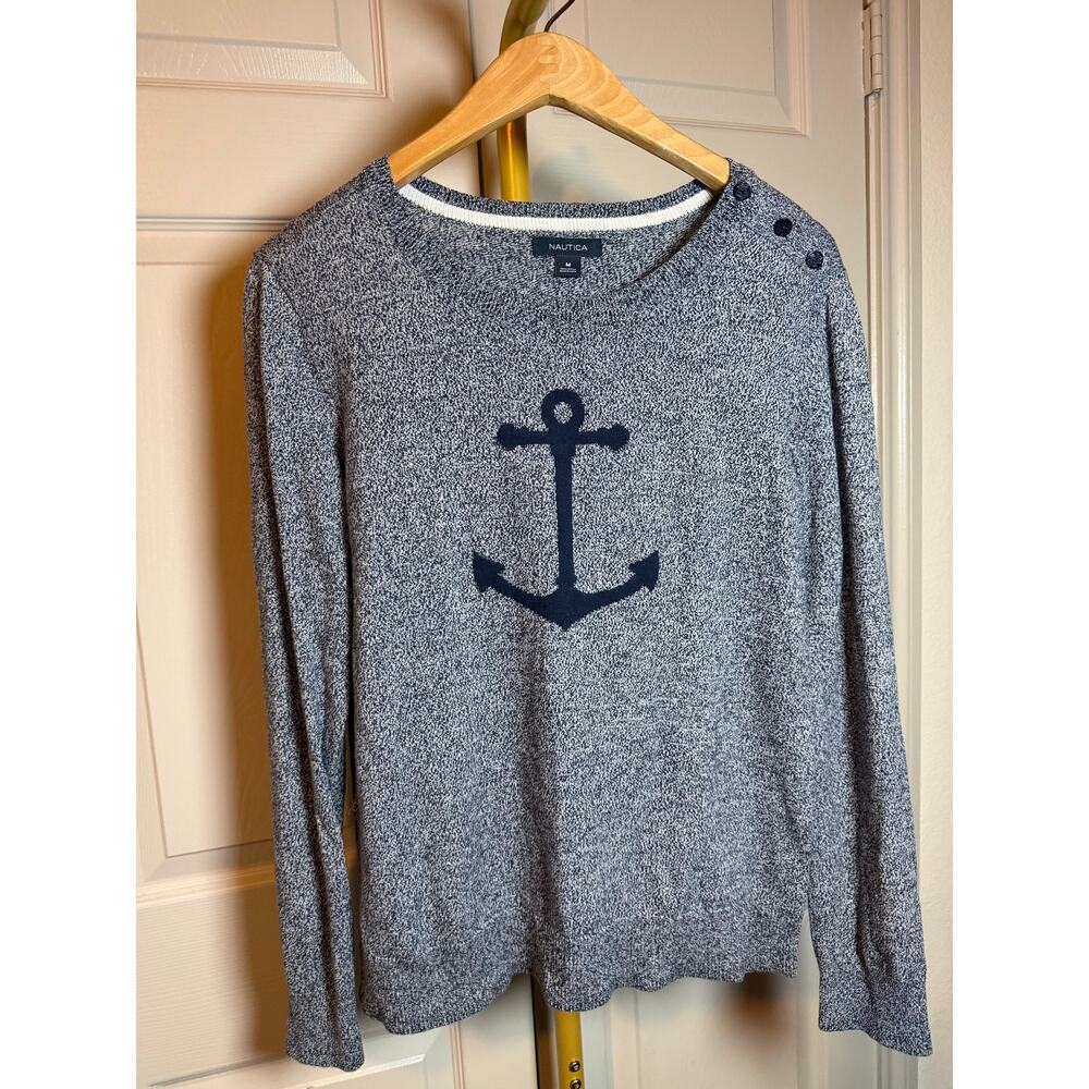 Nautica Women's Anchor Intarsia Long Sleeve Sweater in a blue marled knit